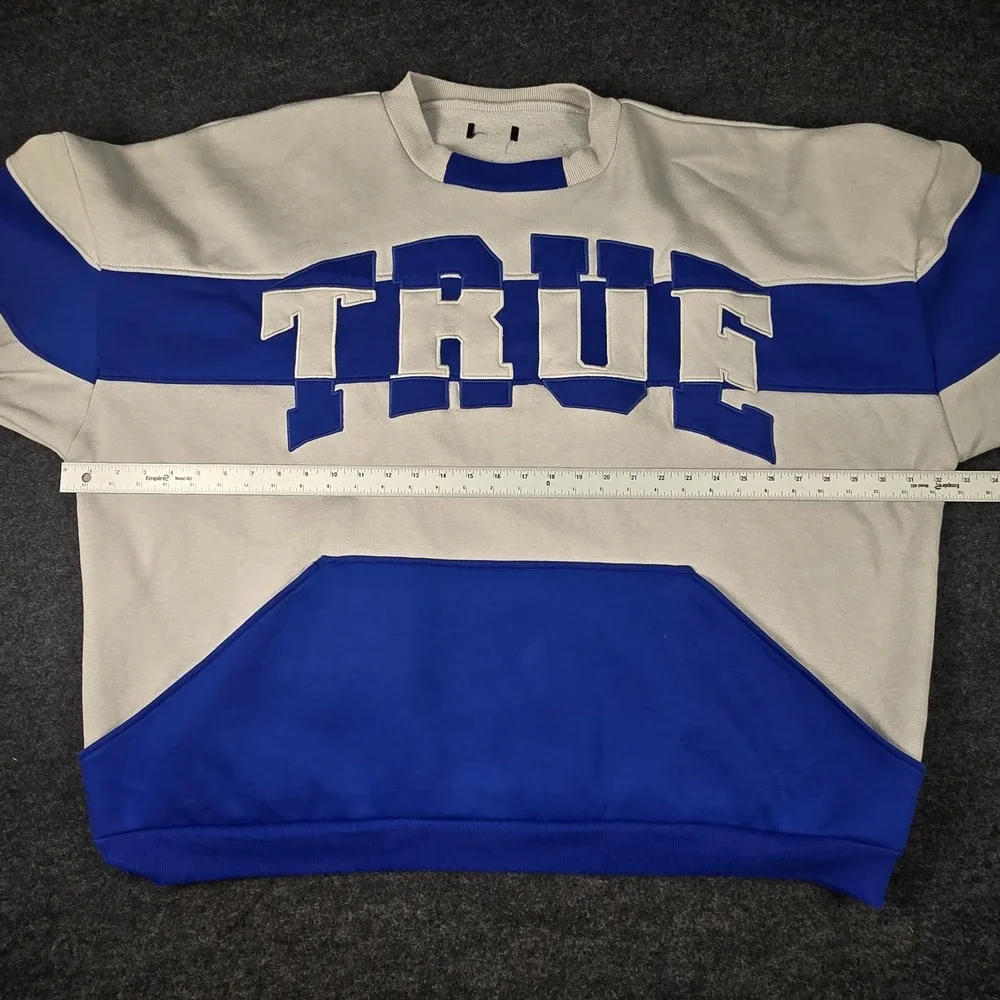 Y2K True Religion Men's Blue White Colorblock Oversized Sweatshirt Size XXL
